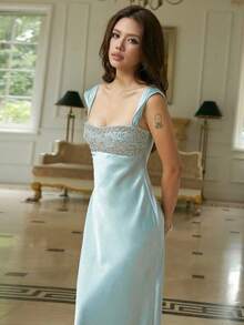Black Satin Rhinestone Embellished Maxi Dress, Spring Gala Outfits, Y2K Glam Formal Evening Gown - Blue - View 2