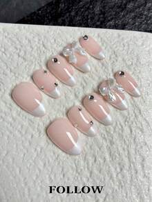 10 Móng Tay Giả Acrylic Thủ Công, Móng Ngắn, Móng Hạnh Nhân, Móng Trắng, Móng Trong Suốt, Kiểu Nhẹ nhàng Ngọt ngào, Đầu Móng Kiểu Pháp, Móng Đính Đá, Móng Nơ, Móng Dễ Thương, Giá Rẻ, Dụng Cụ Làm Móng, Bộ Móng Tái Sử Dụng Kèm Dụng Cụ Làm Móng, Mùa Hè, Mùa Xuân, Phong Cách Y2K, Lý Tưởng Cho Đi Làm Hàng Ngày, Tiệc Tiễn & Quà Tặng Văn Phòng - trắng - Xem 4