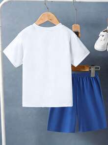 2pcs/Set Teens Boys' Comfortable Casual Numeric 67 Pattern Round Neck T-Shirt + Shorts Set, Summer - Multicolor - View 2