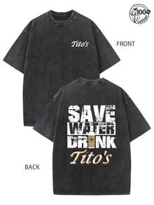 Tito's Vodka Inspired Washed Cotton Oversized T-Shirt, "Save Water Drink Tito's" Graphic Tee,230G Washed Cotton High-Quality Cotton Printed Men's High-End T-Shirt, Not Easily Deformed Or Shrunk, Creative And Personalized T-Shirt For Wine Culture, Suitable For Parties, Street Retro And Commuting Formal Wear, Is A Good Choice For Wine Culture Enthusiasts And Fans - 黑色 - 查看 1