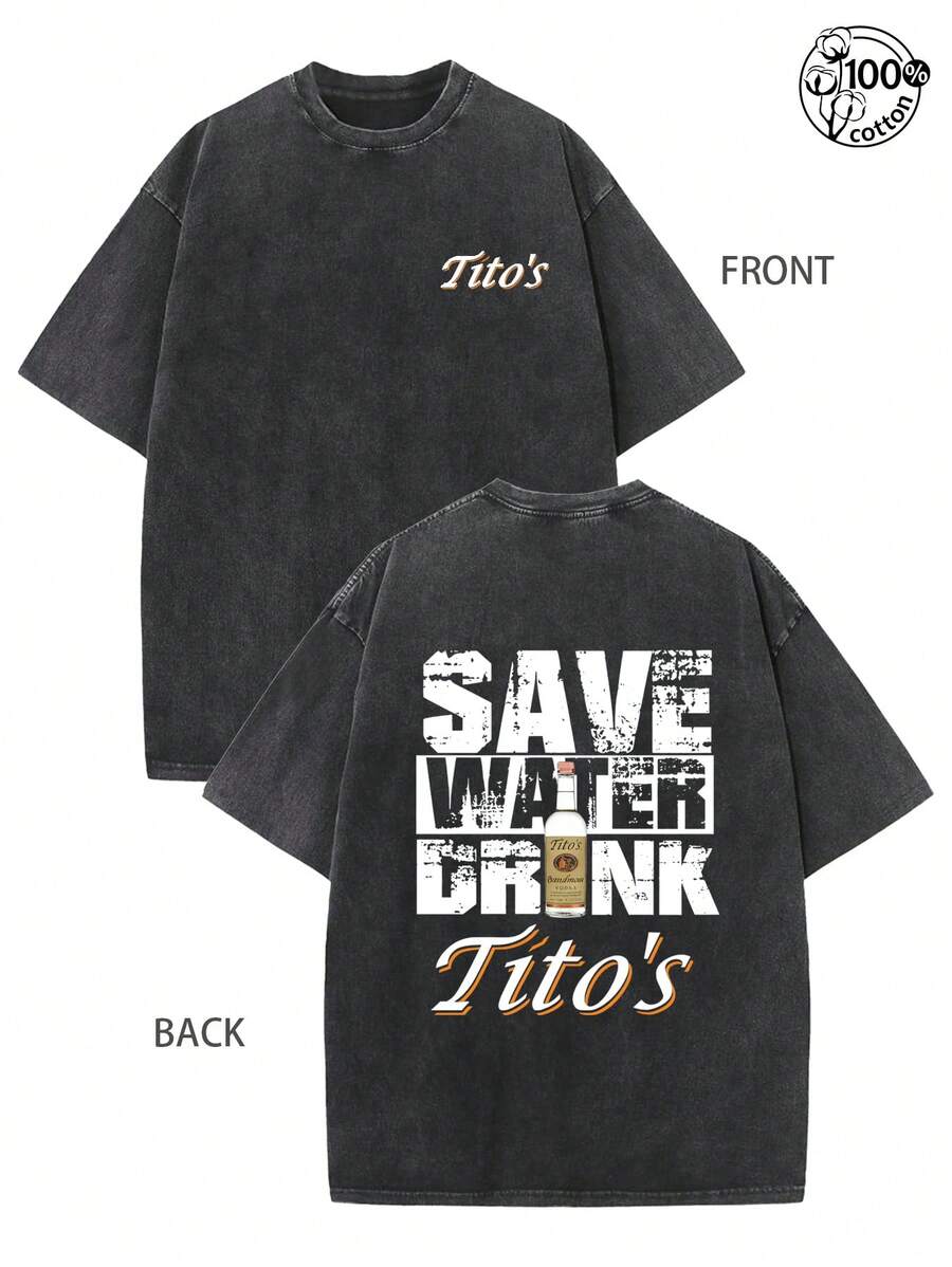 Tito's Vodka Inspired Washed Cotton Oversized T-Shirt, "Save Water Drink Tito's" Graphic Tee,230G Washed Cotton High-Quality Cotton Printed Men's High-End T-Shirt, Not Easily Deformed Or Shrunk, Creative And Personalized T-Shirt For Wine Culture, Suitable For Parties, Street Retro And Commuting Formal Wear, Is A Good Choice For Wine Culture Enthusiasts And Fans - 黑色 - 查看 1