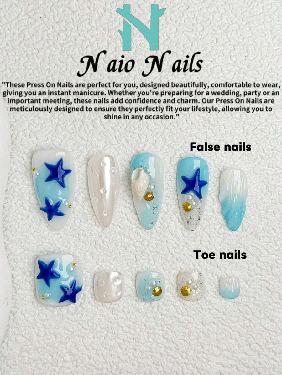 NAIO 10片装夏季手工美甲贴片套装,可选配同款脚趾甲,款式包括短方形和杏仁形,Y2K风格珠光白底色,蓝色渐变法式指尖,海洋主题设计,饰以贝壳细节、珍珠、纹理凝胶波浪纹和精致金珠,高光泽饰面,适合女性和女孩,完美适用于派对、聚会和日常佩戴,包含美甲工具套装,是美甲爱好者的理想礼物。 - 彩色 - 查看 1