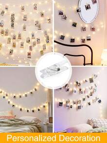 1 pieza 10m-1m Luces de cadena con clips para fotos de decoración del hogar, luces de cadena LED con clips transparentes, decoración de fiesta de cumpleaños, luces de decoración de pared para dormitorio de niñas - cable de cobre + clip de plástico - Ver 4