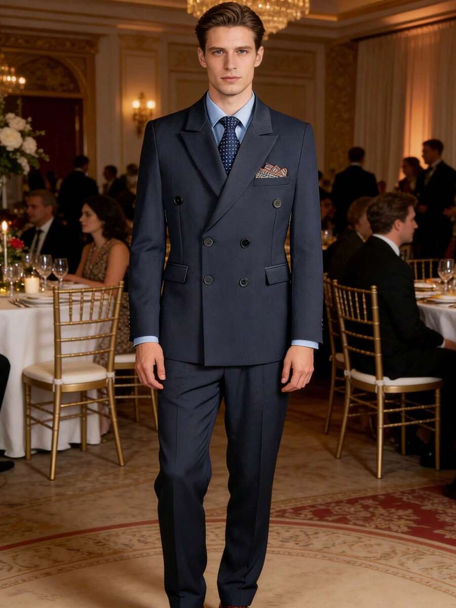 Bộ vest nam 3 mảnh hai hàng khuy gồm áo blazer, áo vest và quần tây, dáng ôm, thích hợp cho công sở, đám cưới, lễ phục trang trọng. - Màu xanh hải quân - Xem 1