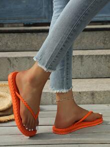 Women's Woven Flat Lace-Up Sandals, Round Toe Casual Flip Flops, Suitable For Summer Wear, Lightweight Outdoor Beach Slippers, Toe Ring Flat Shoes, Women's Fashion Beach Flip Flops, Plus Size Toe Ring Sandals, Suitable For Outdoor Vacation, Open Toe Slippers, Women's Flat Sandals, Lightweight Summer Slippers, Non-Slip Women's Beach Shoes - Orange - View 5
