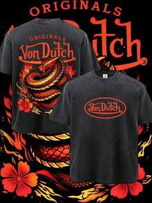 Men Black Washed Vintage Streetwear 100 Percent Cotton T Shirt Dragon And Flower Graphic With Vons Dutchs Text Casual Wear For Daily Outfits | Front And Back Print | Retro Heavyweight Tee | Perfect Gift | Loose Comfortable Breathable | Machine Washable Fabric | Hip Hop Cool Style | Drippy Clothes | Y2K Fashion - 黑色 - 查看 3