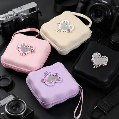 High-Quality Girly Heart-Shaped Mirror CCD Camera Storage Case, EVA Hard Shell Anti-Shock Design, Portable Lanyard, Fits Mirrorless Cameras, Point-And-Shoot, Lenses & Accessories, Ideal Camera Carrying Case, Perfect Gift For Girlfriends, Digital Accessories Organizer