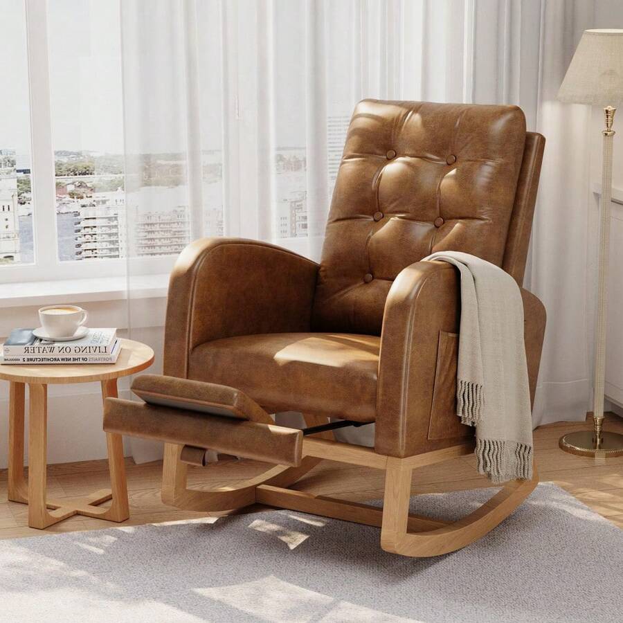Huisuilinss Nursery Rocking Chair,Comfortable Glider Rocking Chair With Teddy Fleece Upholstery,High Backrest,Wooden Legs,Rocking Accent Armchair With Side Pocket For Living Room Bedroom - PU Orange With Footrest - View 1