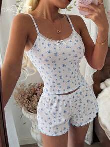 Bộ áo hai dây và quần short họa tiết hoa nhí, thiết kế ren nhẹ nhàng, quần short cạp chun, thân thiện với da và thoải mái, thích hợp mặc nhà hoặc ngủ. - Màu xanh ngọc - Xem 3