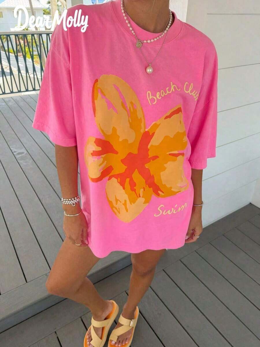 Tops Women SummerDEAR MOLLY Beach Club Swim Hibiscus Print Women T-Shirt, Cute Casual Loose Round Neck Drop Shoulder Short Sleeve T-Shirt, Suitable For Daily Fashion Leisure Ings SummerLoose And Comfortabletrending - 玫紅色 - 查看 1
