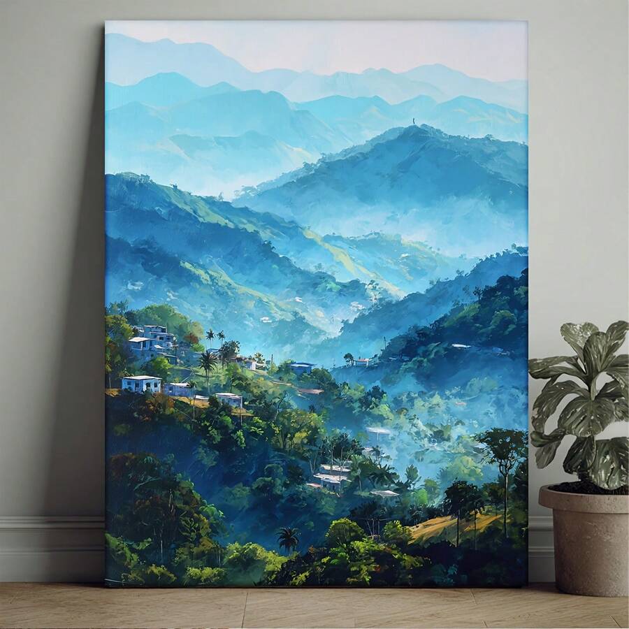 1 pieza Pintura al Óleo de Paisaje de las Montañas Azules de Jamaica al Estilo Manga Enmarcada - Arte de Pared Cuadrado de 30.48x40.64 cm con Marco de Madera, Arte Cómico y Escenario Jamaicano, Colgante/Pegado para Decoración de Oficina, 2D Plano - Sin marco - Ver 1