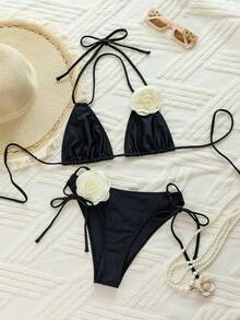 Conjunto de bikini con decoración floral 3D, vacaciones de verano en la playa negra - Negro - Ver 4