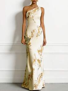 女士夏季优雅修身碎花单肩无袖长连衣裙，适合派对、婚礼、晚宴、鸡尾酒会、生日、毕业典礼等场合。 - 香檳色 - 查看 2