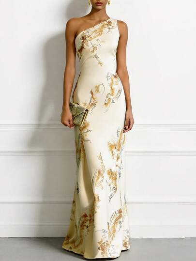 Elegante vestido largo de una sola manga sin mangas con estampado floral para mujer, vestido de cóctel elegante y sexy para fiesta, boda, invitada, vacaciones, cumpleaños, graduación, dama de honor, celebración y primavera