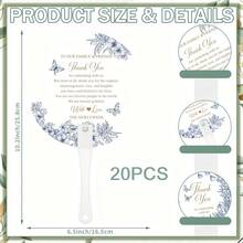 20 chiếc quạt cầm tay bằng nhựa dùng trong đám cưới, thích hợp làm quà tặng nhỏ để cảm ơn khách mời đã đến dự. Được thiết kế với họa tiết cây xanh, có tay cầm, thích hợp cho các nghi lễ cưới, tiệc cô dâu và các buổi tụ họp khác (Họa tiết hoa và bướm màu xanh). - cái quạt - Xem 14