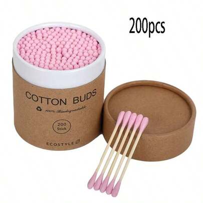 一盒200支天然竹制双头棉签，柔软舒适，一次性使用，适用于美甲和化妆