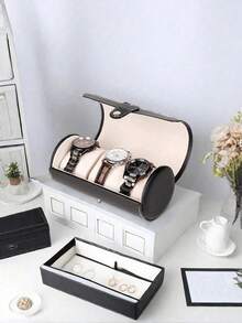 New Handmade Luxury PU Leather Round Travel Watch Box, Dustproof Watch Storage Display Gift Box, PU Leather Jewelry Box Back To School - Black 19 * 9cm - View 5