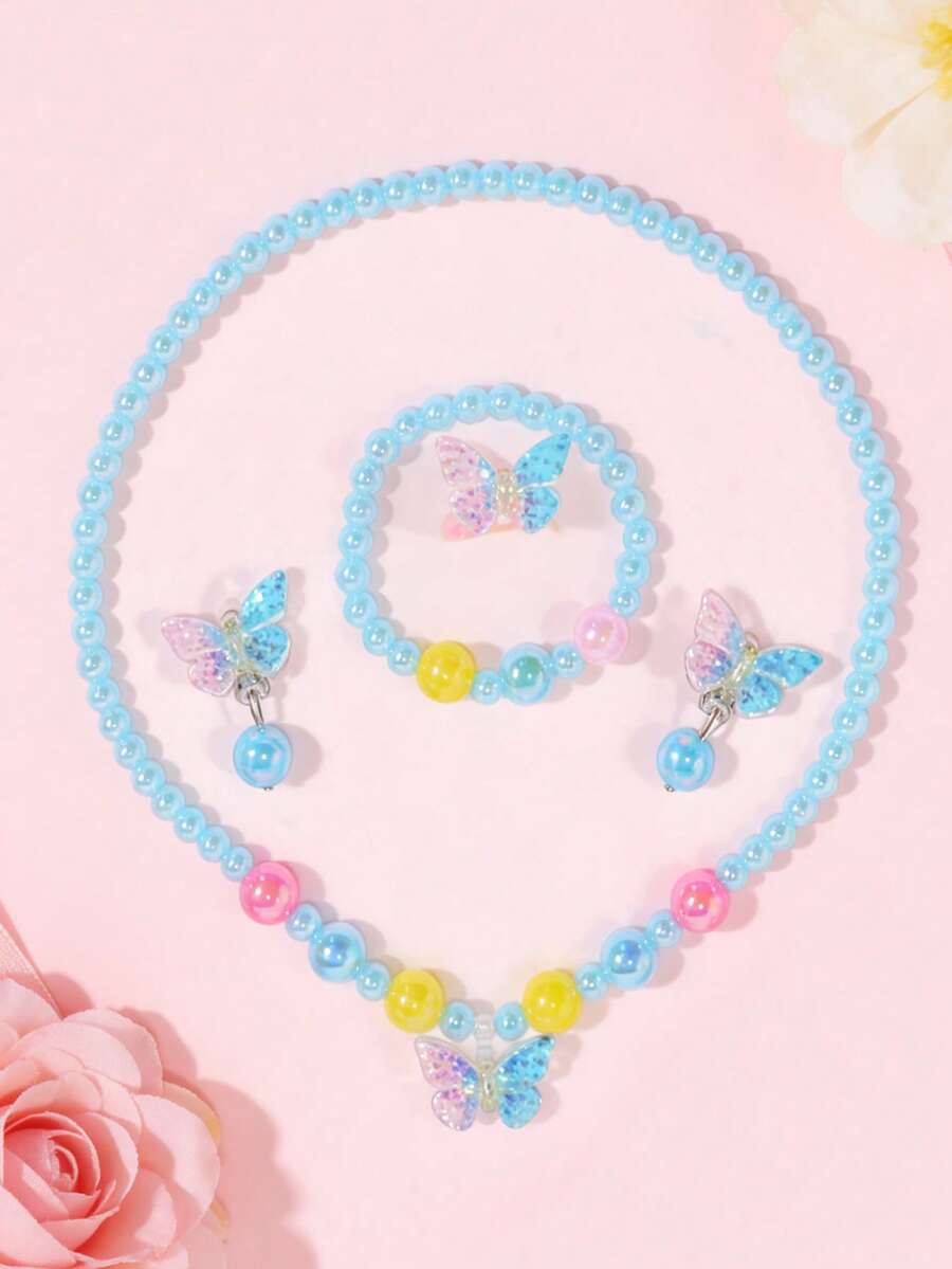 5pcs/Set Children's Cute Princess Dreamlike Butterfly Pendant Necklace, Bracelet, Ring, Clip-On Earrings Jewelry Set, Suitable For Daily Wear And Birthday Party Gift - one-size - View 1