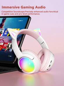 AKKHOO 可爱猫耳蓝牙耳机，可折叠RGB灯光立体声游戏耳机，超长续航，适合女生和直播 - 查看 9