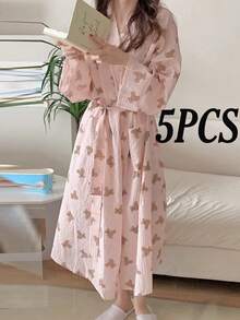 Cute & Charming Pink Robe, New Spring/Autumn Design, Adorable Bear & Heart Plaid Pattern, Loose & Comfortable Mid-Length Loungewear, Elegant & Relaxed, Suitable For Sauna/Beach/Pool/Bathroom, Refer To Size Chart For "Girl's Robe, Bathrobe, Quick-Dry Super Soft Coral Fleece Absorbent" - Multicolor - View 10