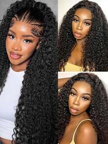 Tóc giả Afro Kinky Curly 4x4 Lace Front, mật độ 180%, ren trong suốt 4x4, tóc dài xoăn tít Remy Human Hair, tóc giả 4x4 Lace Front Closure không cần keo, tạo kiểu gợn sóng tự nhiên, đã được tỉa sẵn với tóc con. - Natural Black - Xem 5