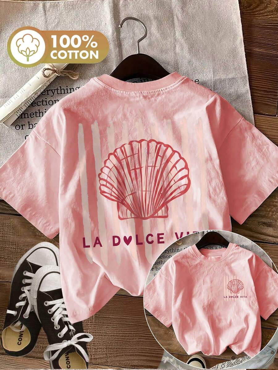 [Double-Sided Print] Summer Casual Women's Top Fresh Style Shell Stripe LA VITA Print Round Neck Pure Cotton Short Sleeve T-Shirt - Pink - View 1
