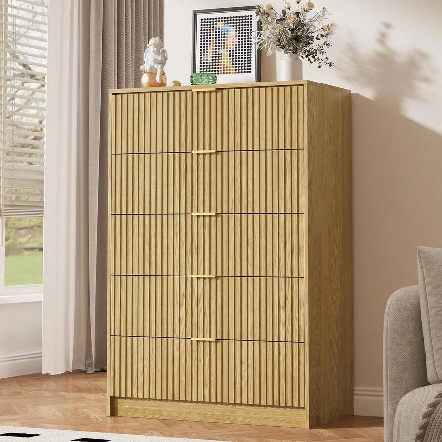 BVFUKA 5 Drawer Dresser, 32 Inch Wide Chest With Gold Handles For Bedroom Living Room Office - Natural Oak - View 1