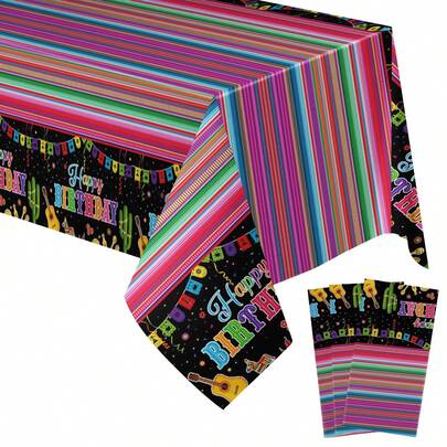 3 件装/1 件装桌布，适用于墨西哥主题生日派对装饰，派对装饰塑料桌布，墨西哥风味条纹，51 英寸 x 108 英寸