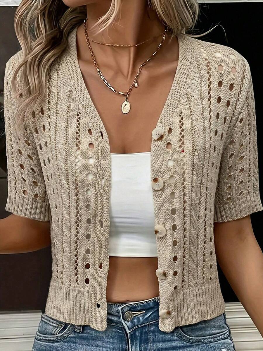 Women's Casual Solid Color Hollow Out Ribbed Button Lightweight Cardigan Summer - Khaki - View 1