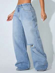 Quần jeans nữ ống rộng cạp thấp màu xanh dương bạc màu, túi xéo, dáng suông, thích hợp cho mùa xuân. - Màu xanh nhạt - Xem 5