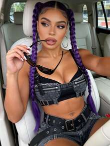 Tóc giả đuôi ngựa đôi màu tím | Tóc đuôi ngựa đôi kẻ laser | Sợi tổng hợp chất lượng cao, phù hợp với kiểu tóc avant-garde, cosplay và các buổi tiệc. - Màu tím - Xem 5