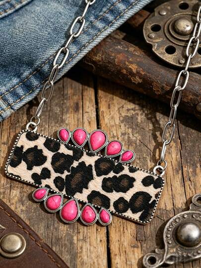 Collar de estilo vaquera occidental con estampado de leopardo y turquesa, diseño de cadena de clavícula sexy y retro americano