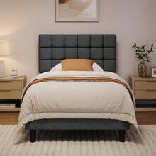 4ft6 Double Bed Frame Upholstered Platform Bed With Adjustable Square Tufted Headboard - Dark Grey - View 3