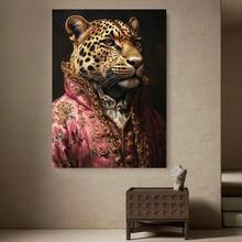Enmarcado 1 pieza, con marco,  [2D Plano] Retrato de Animal Humorístico Leopardo en Túnica Rosa, Decoración Salvaje Caprichosa, Arte Único para Espacios Modernos y Divertidos, 2D Plano - Enmarcado - Ver 3