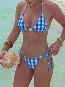Atasan Bikini Segitiga Motif Kotak-kotak, Desain Leher Halter, Tali Belakang yang Dapat Diatur, Cup yang Mendukung, Bantalan yang Dapat Dilepas, Kain Lembut dan Elastis, Cocok untuk Liburan di Pantai - Biru - View 2