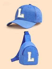 2 piezas Conjunto de gorra de béisbol con 26 letras y bolso bandolera para niños, gorra de sol azul ajustable + bolso de pecho casual, adecuado para uso diario - Azul - Ver 9