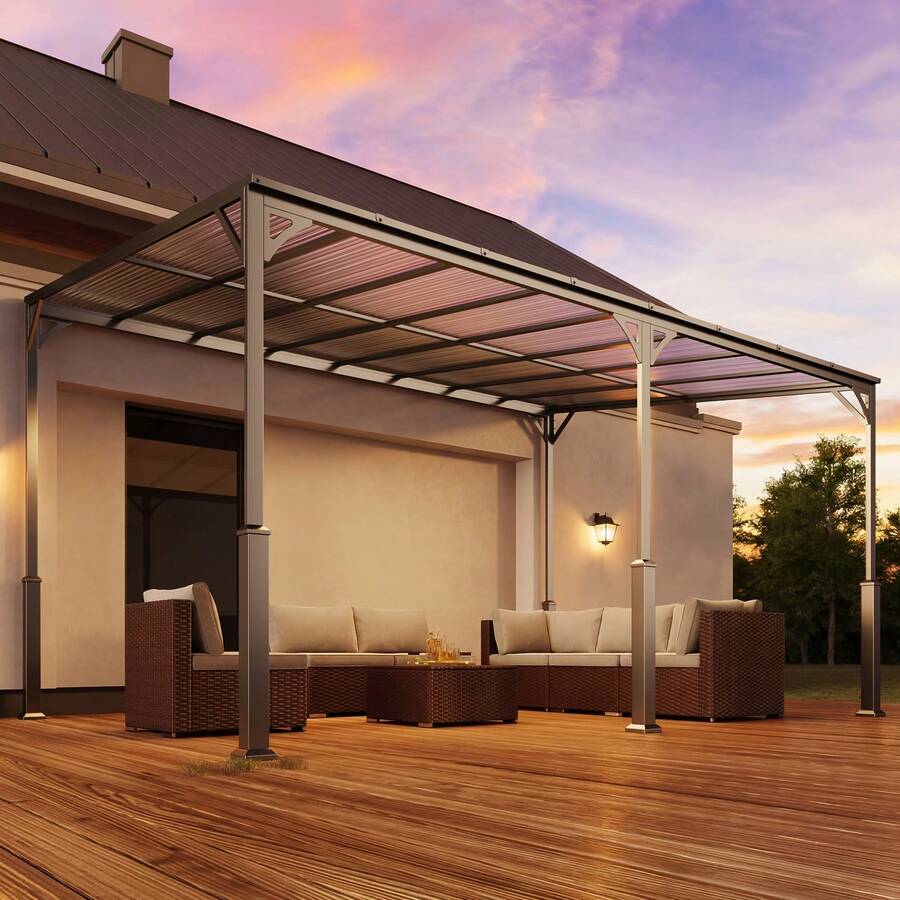 10x14FT Outdoor Lean Metal Gazebo, Asofer Hardtop Wall Mounted Gazebo With Metal Sloping Roof, For Backyard, Deck, Patio,Porch - Grey - View 1