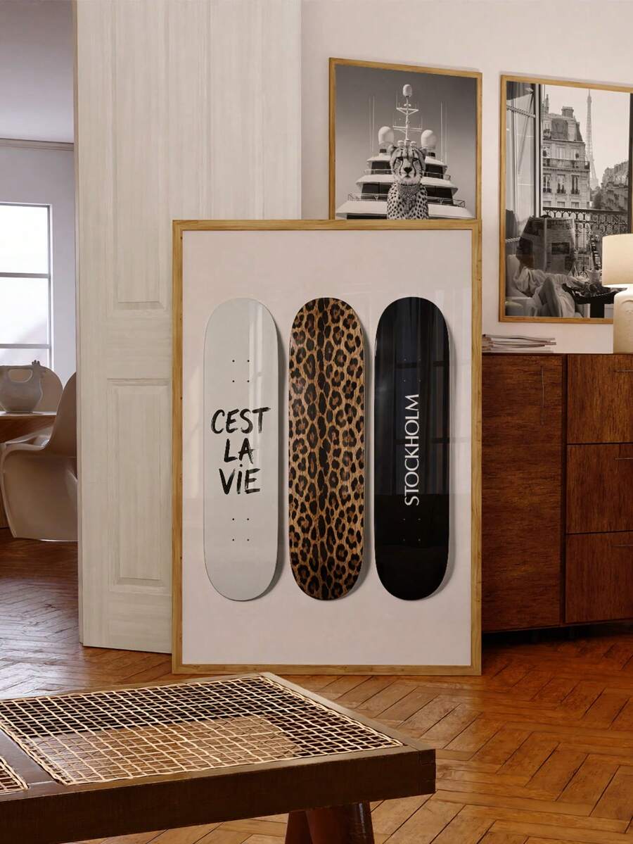 一套无框滑板图案艺术印刷品,“C'est La Vie”文字和豹纹印花,都市街头风格Y2K美学海报,适用于客厅、卧室、返校季、时尚装饰、房间装饰、大学宿舍必备,独特礼物 - 滑板4 - 查看 1