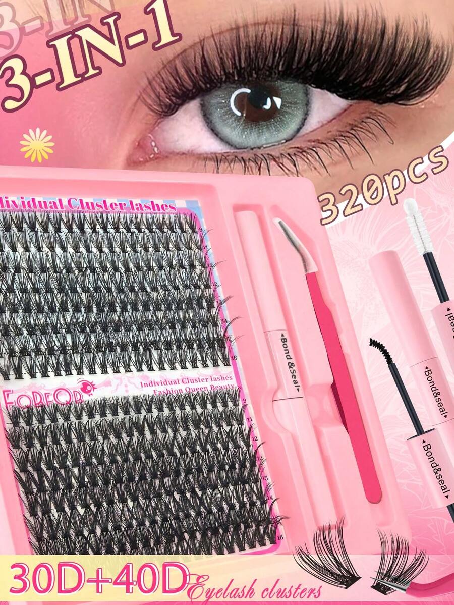 FQBFQB Bộ 320 sợi mi giả D Curl 9-16mm kèm keo và nhíp, 30D+40D, nhẹ và có thể tái sử dụng, mềm mại, thoải mái, mi tự nhiên, mi giả. - Hồng - Xem 1