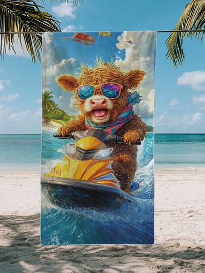 1条冲浪高地牛图案儿童沙滩巾，超强吸水大号沙滩毯，适合旅行、游泳池、潜水、冲浪、瑜伽、露营等多种场合，多种尺寸可选，沙滩配件