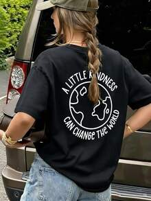 Women's Summer New Letter Print Round Neck Short Sleeve T-Shirt, Casual Loose Versatile Top For Daily Wear - Black - View 10