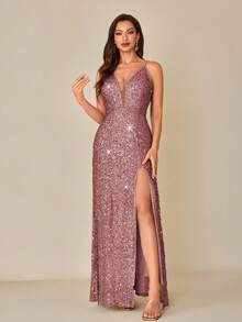 Women's Elegant Sequin Dress, Sparkling Party Gown With High Slit To Thigh, Zipper Backless Formal Evening Dress Summer - Dusty Pink - View 6