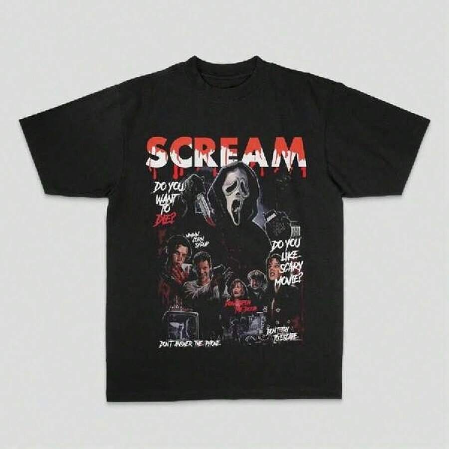 100% Cotton Short Sleeve Casual Tee Scream Ghostface Mask Horror Characters Movie Quote Red Blood Splatter Design Unisex T-Shirt, 1PC Made Of Pure Cotton Graphic Tees Men, Graphic Tees Women Spring Summer Top Vintage T Shirts Fashion Casual Top Playful Spring & Summer Vacation Tops - Cute Graphic Tees For Holiday Gatherings, Valentine's Brunch, And Y2k Going Out Styles, Trikot Toto En Ninetta,Kurdisch,,Boho Style Damen,Urlaub Must Have,Sport Set Damen,Maija Women,Pulli,Frühling Outfit,Sommer Outfit Damen,Festival Outfit Damen,Y2k,Ostern,,2000s Style A3VZ - 黑色 - 查看 1