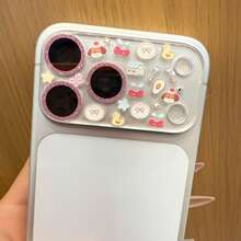 苹果系列闪光镜片贴膜卡通狗狗蝴蝶结和黄色小鸭镜片贴纸套装，适用于苹果17 Pro/17 Pro Max，防水、防摔、防刮花 - 粉圈鏡頭膜+小黃鴨貼紙 - 查看 7