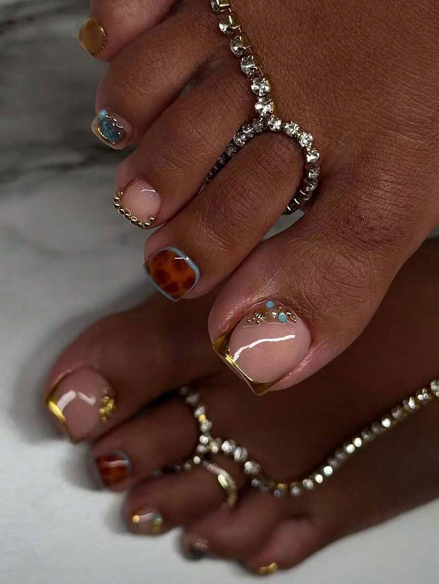 24pcs Y2K Style Medium Square 3D Golden French Manicure Stickers (Suitable For Toes), Includes Gold Pearl, Rhinestone And Leopard Print Designs, Charming Feminine Style, Full Coverage Acrylic Fake Nails, Comes With 1 Bottle Of Glue And 1 Nail File, Suitable For Ladies And Girls For Daily Work, Study And Party, Spring/Summer Nail Art - Multicolor - View 1