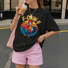 Black Oversized T-shirt, 1 pcs F-Caw-F Rooster Retro Sunburst Design 180g Pure  Heavy 100% Polyester T Shirt - Negro - Ver 3