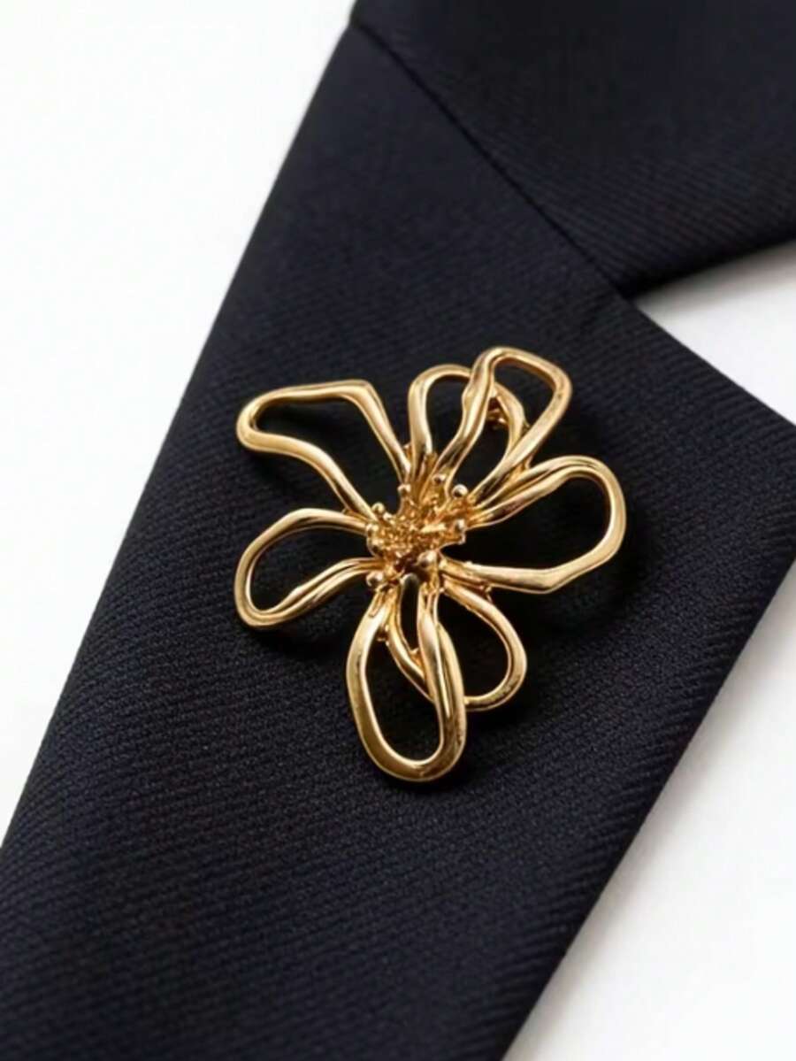 1 chiếc ghim cài áo hình hoa rỗng tối giản bằng kim loại, phụ kiện thời trang đa năng. - Vàng - Xem 1