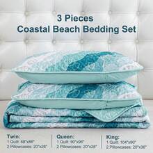3 Pieces Coastal Quilt Set Queen King Size , Summer Beach Blue Green Ocean Theme Quilts With Pillowcases Microfiber Ocean Bedding Set Nautical Bedspreads Coverlet Lightweight Comforter For Wedding Items, Home Bed Room Decor, Ideal Gifts,All Season - 藍綠色 - 查看 6