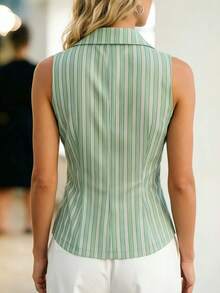 女士无袖条纹拉链翻领衬衫 – 简约商务休闲上衣，适合办公室、度假和日常穿着，四季皆宜（春夏秋冬） - 薄荷綠 - 查看 2