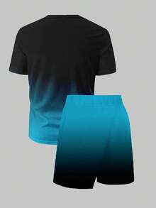 Purechapter 2pcs/Set Teen Boy Summer Ombre Minimalist Palm Tree & Letter Print Short Sleeve T-Shirt And Shorts Set With Pockets, Suitable For Commuting, Outdoor, Vacation, Casual And Sports Wear - Black - View 3